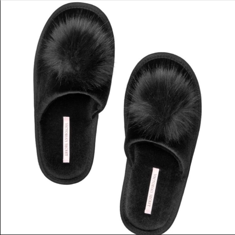 Victoria Secret Pom Pom Slippers Black